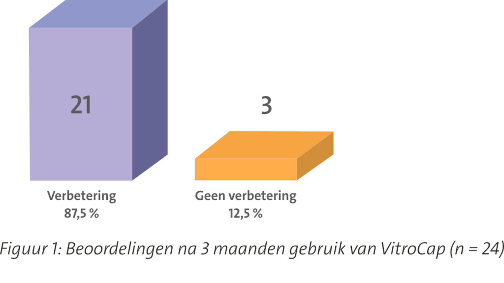3D-balkdiagram met studieresultaten na drie maanden gebruik van VitroCap® (n = 24). Bij 21 patiënten (87,5%) werd verbetering vastgesteld, terwijl bij 3 patiënten (12,5%) geen verbetering werd waargenomen.